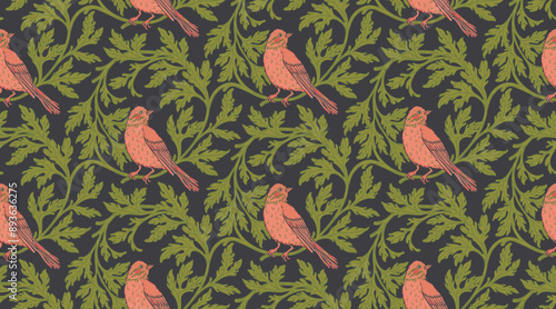 Vintage style seamless pattern with Floral wreath and birds for retro wallpapers. Enchanted Vintage Flowers. Arts and Crafts movement inspired. Design for wrapping paper, wallpaper, fabrics and
