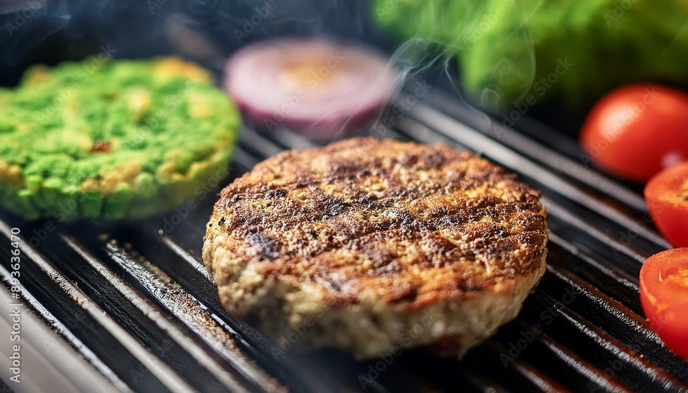 Veggie cutlet is grilled for veg burger. Vegetarian products from plant-based meat concept, beyond kitchen background Veggie cutlet is grilled for veg burger. Vegetarian products from plant-based meat concept, beyond kitchen background