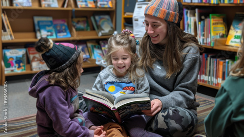 A woman joyfully reads a book to two young children in a cozy library setting with colorful bookshelves.