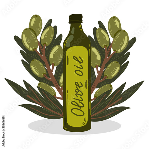 Glass olive oil bottles with extra virgin olive oil.Surrounded by olive branches and leaves.
