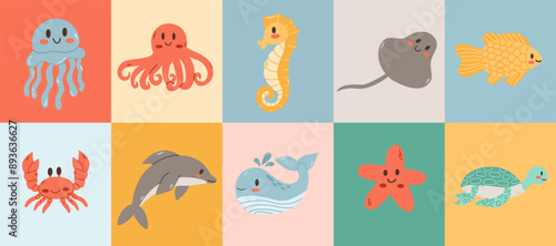 Vector illustration of underwater world concept background.Marine animals collection