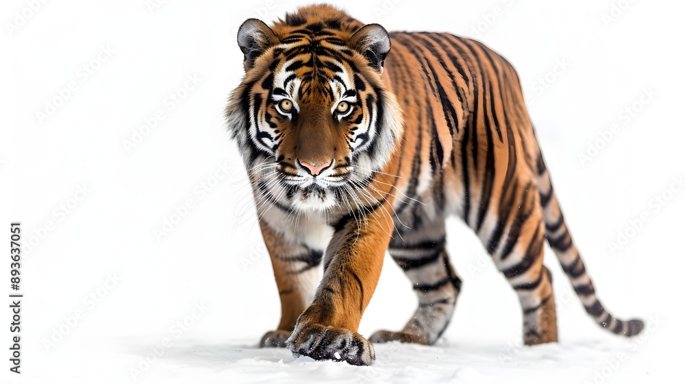 Fototapeta premium Striking Bengal Tiger Walks Forward with Piercing Eyes on White Background