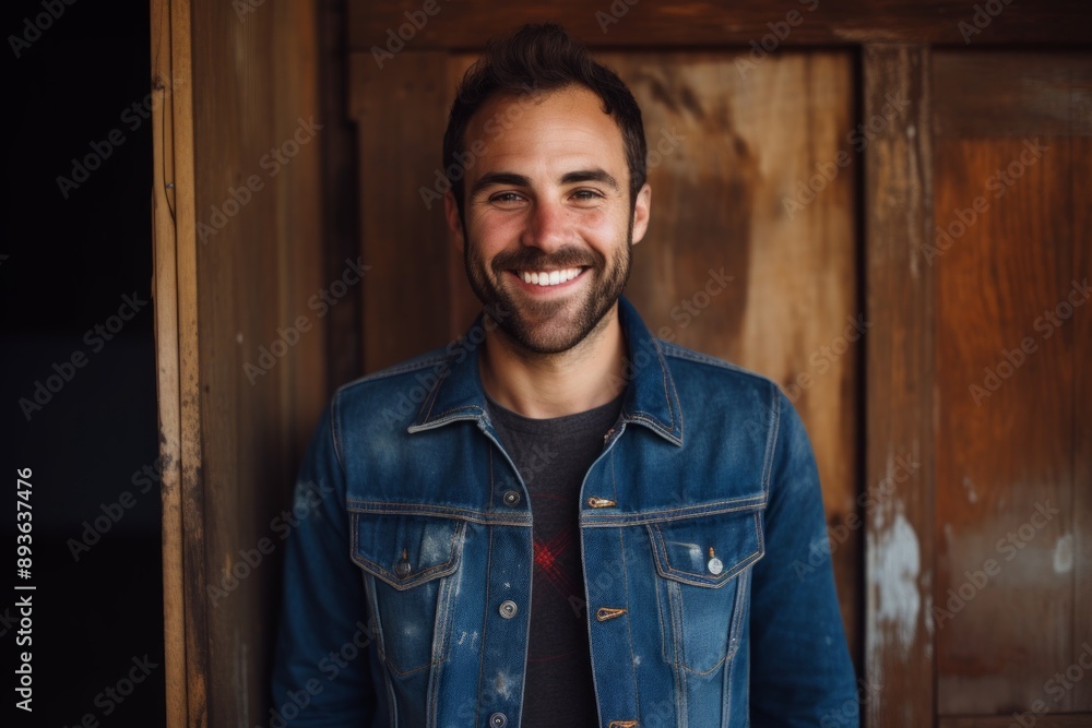 Portrait of a grinning man in his 30s sporting a rugged denim jacket over rustic wooden wall Portrait of a grinning man in his 30s sporting a rugged denim jacket over rustic wooden wall