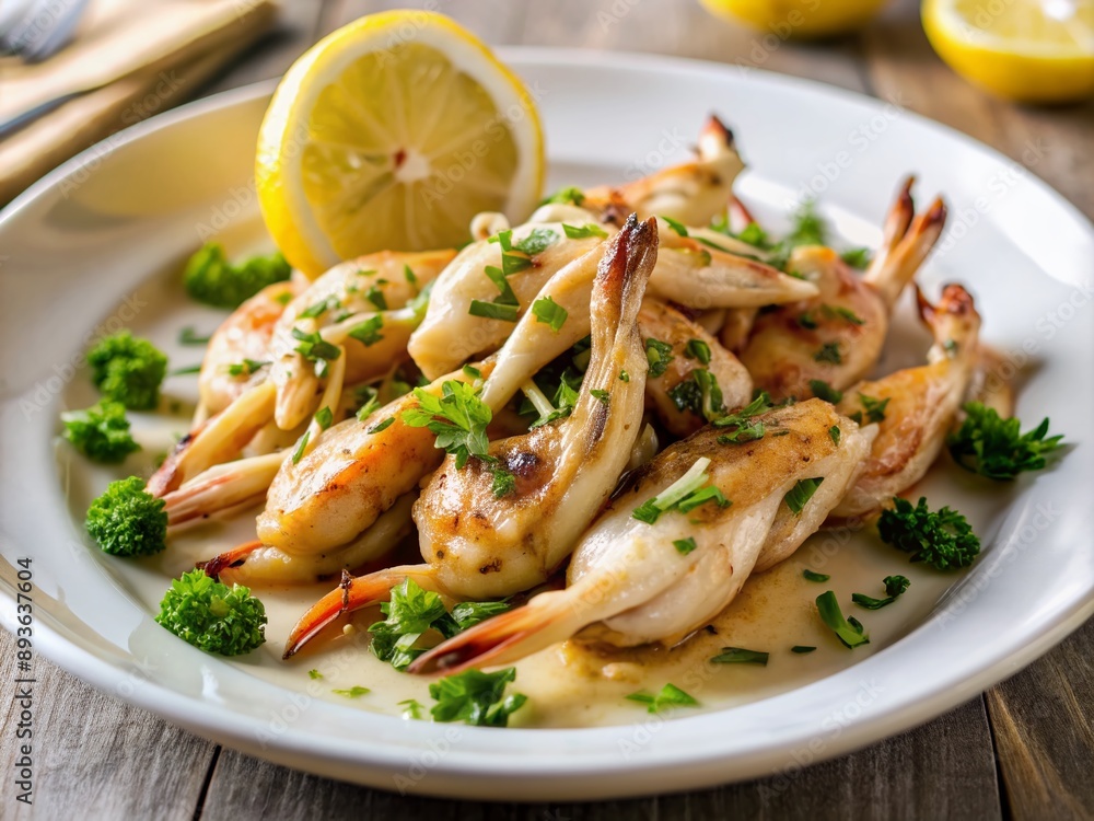 Delicate sautéed frog legs artfully arranged on a pristine white plate, accented with fresh parsley and lemon, set against a warm, inviting bistro atmosphere. Delicate sautéed frog legs artfully arranged on a pristine white plate, accented with fresh parsley and lemon, set against a warm, inviting bistro atmosphere.