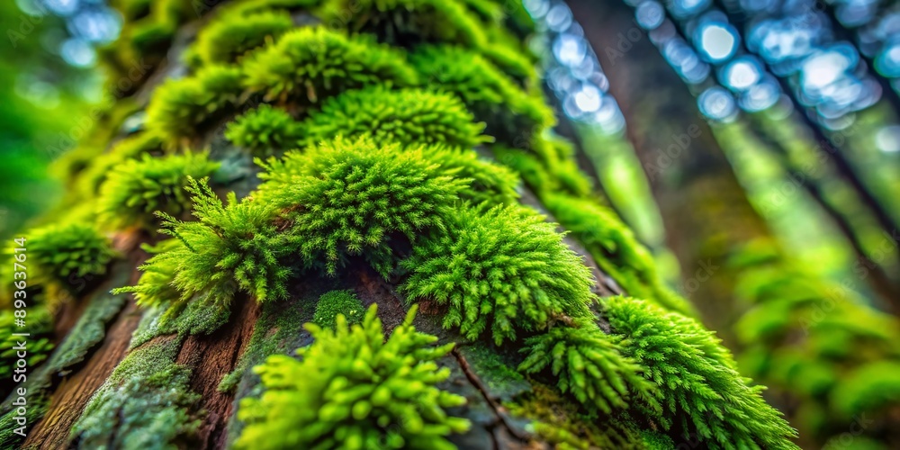 Fototapeta premium Vibrant green moss with intricate patterns and detailed texture grows on a tree trunk, capturing nature's beauty in a mesmerizing close-up macro shot.