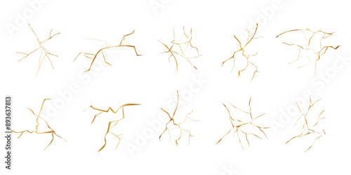 Kintsugi gold simple break lines, asian geaometric crackle. Surface with crack print, effect. Moderm cover golden broken texture.