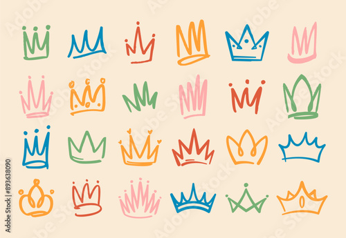 Collection Of Colorful Doodle Crowns In Various Styles And Designs Against A Beige Background. Royalty-themed Designs
