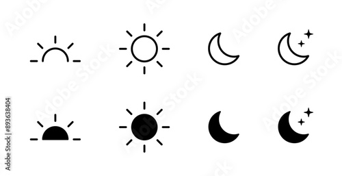 Sun and moon icons set. Dark and light mode symbol. Daytime sunset, sun, moon icon set. Vector