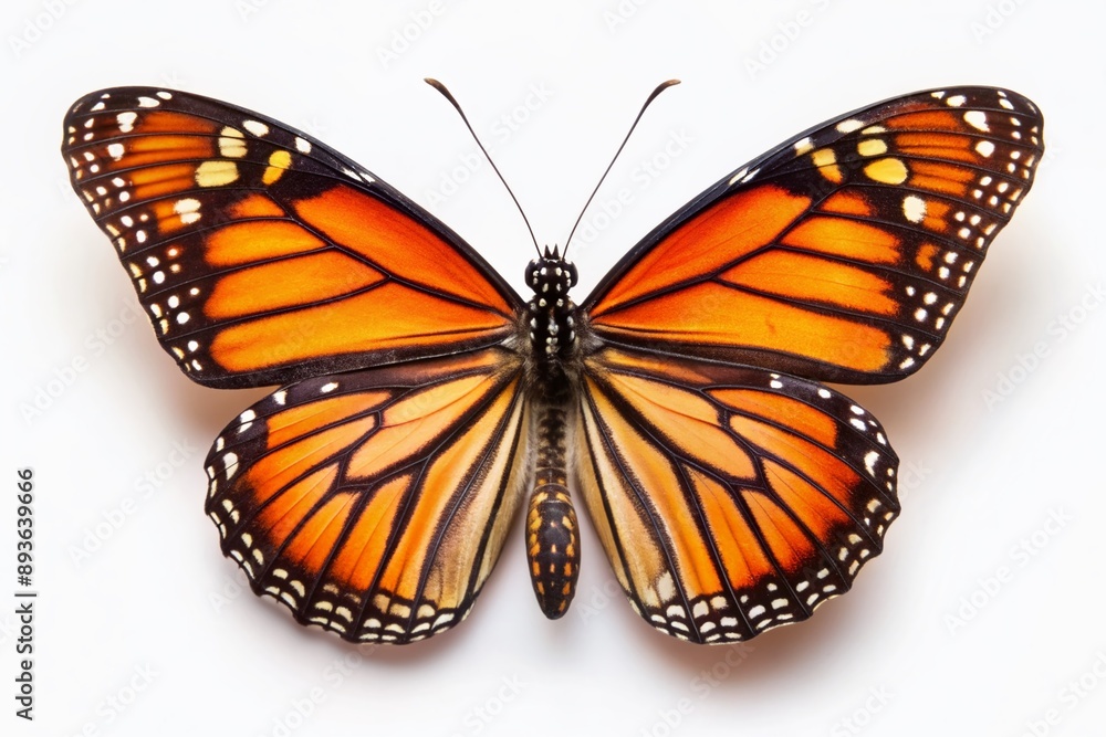 Fototapeta premium Vibrant monarch butterfly with distinctive orange and black wings open wide, showcasing intricate veins and delicate patterns on a pure white isolated background.