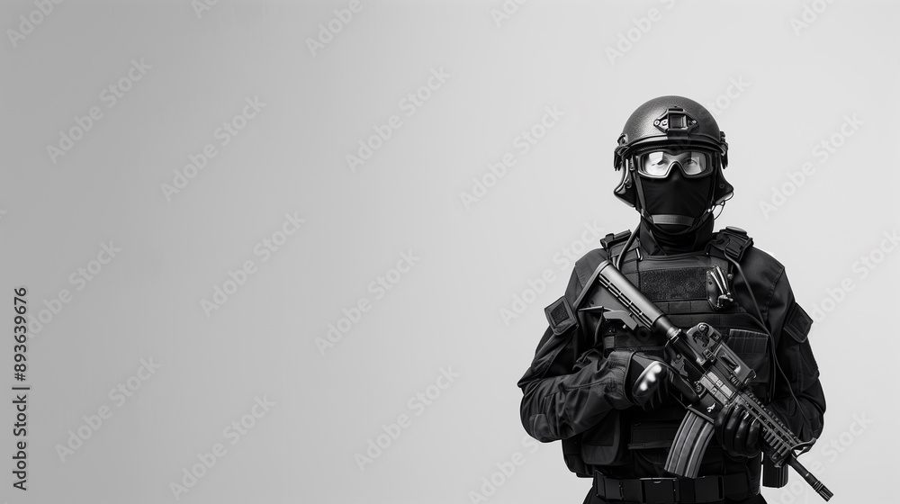 SWAT soldier wearing full modern ammunition and holding a rifle SWAT soldier wearing full modern ammunition and holding a rifle