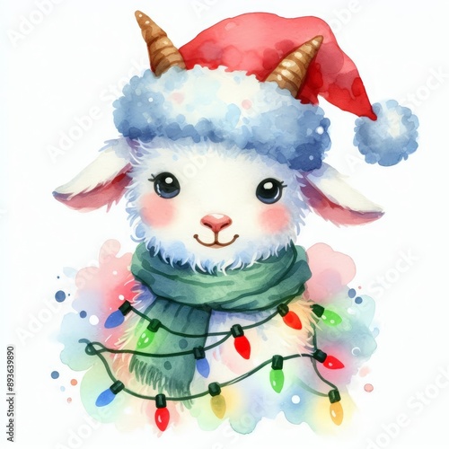 Cute cartoon goat wearing a Santa hat and scarf with Christmas lights.