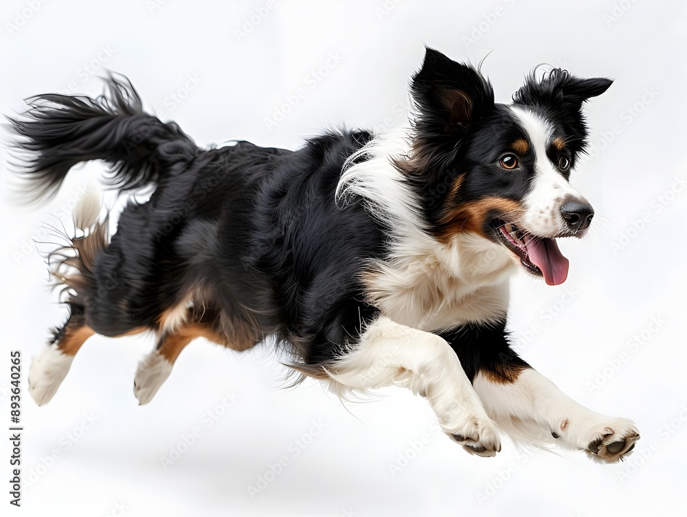 Fototapeta premium Energetic Border Collie Leaping Isolated on White Background with Copy Space