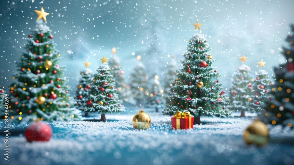 Obraz premium 3d rendering of Christmas trees with snow and decoration on blue background.