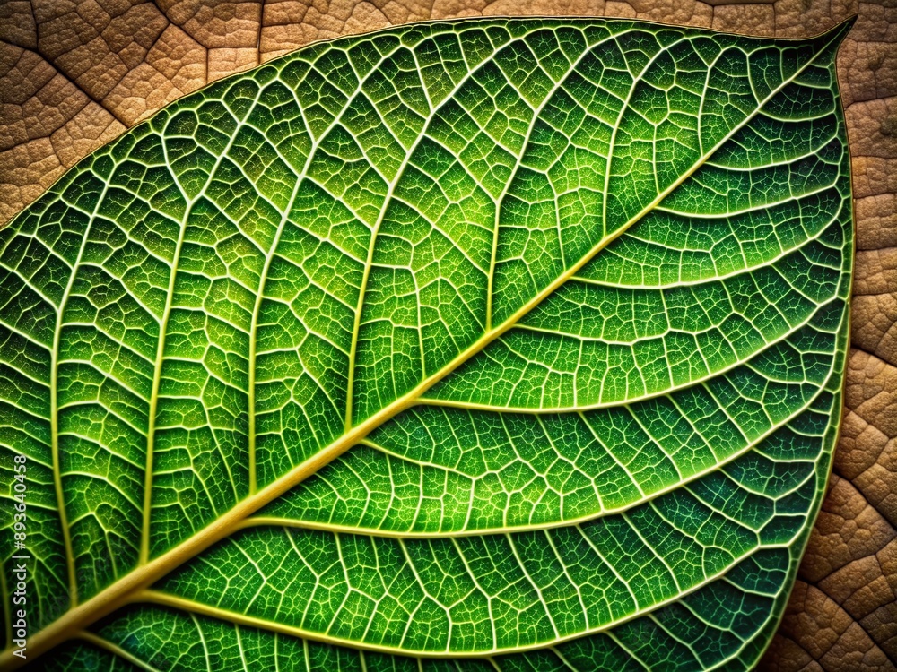 Fototapeta premium Vibrant green leaf with delicate veins and intricate details resting on a textured, earthy background, providing ample copy space for your design elements.