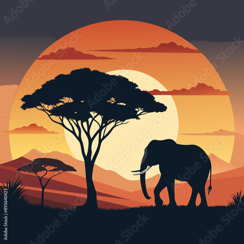 African landscape, elephant with a tree against the background of sunset