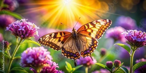 Delicate butterfly with intricate wings rests on the velvety soft petals of a vibrant purple flower, surrounded by lush green foliage in warm sunlight.