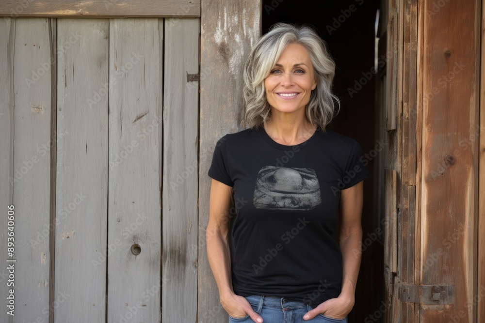 Portrait of a tender woman in her 50s sporting a vintage band t-shirt in rustic wooden wall Portrait of a tender woman in her 50s sporting a vintage band t-shirt in rustic wooden wall