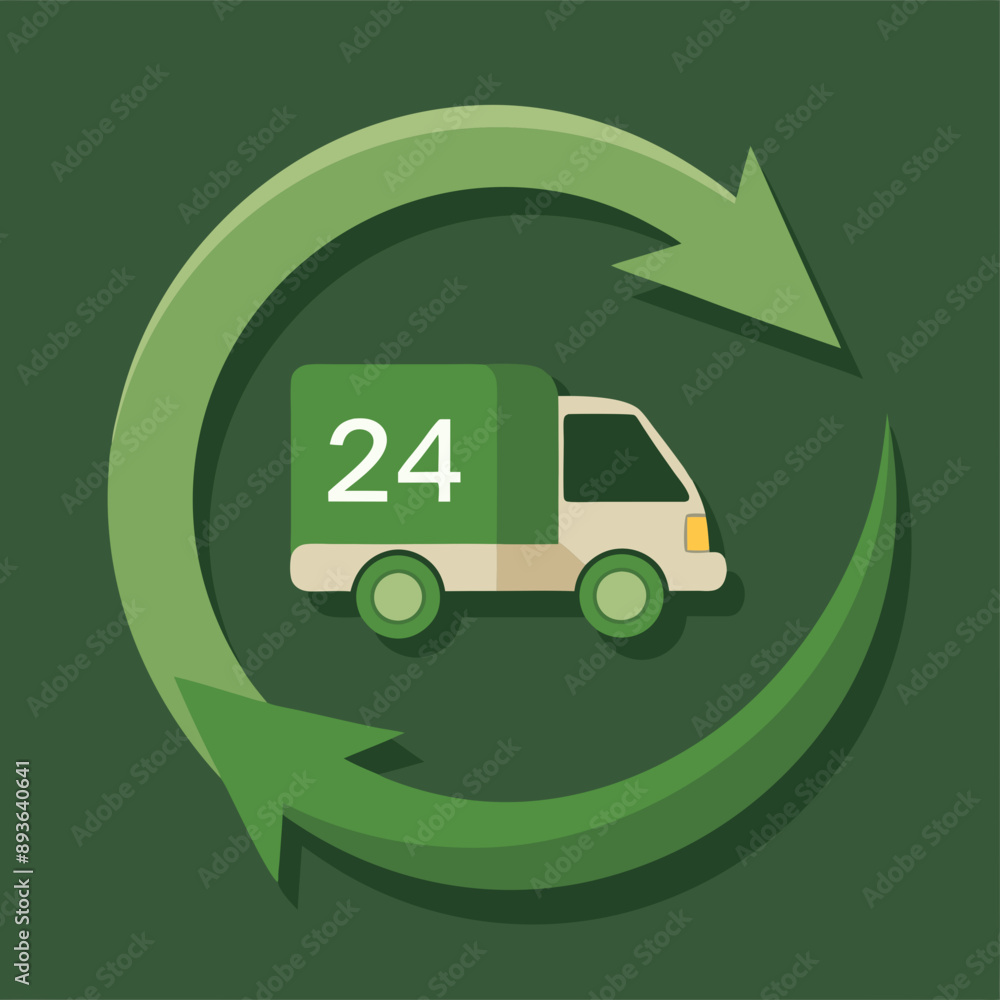 Obraz premium 24-hour delivery sign, round arrows around a cargo truck on a green background