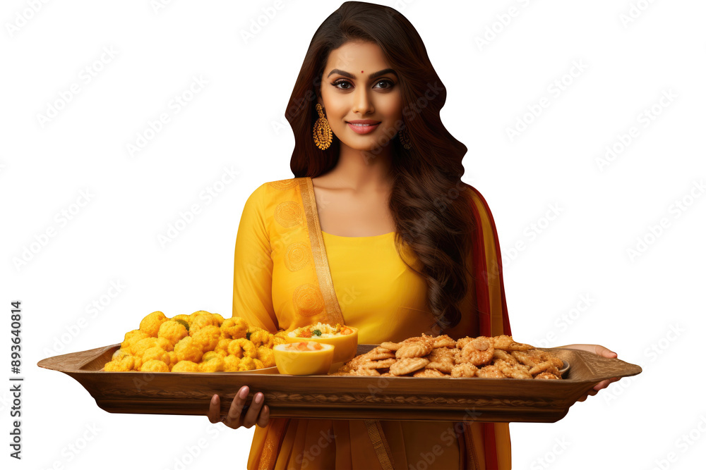 Φωτογραφία Happy Indian Woman Holding a Plate Filled Various Type Sweets in Traditional Dress as Yellow Salwar Suit Character Created By Generative AI
