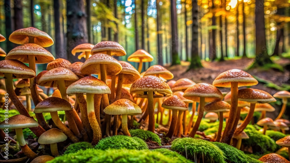 Φωτογραφία Vibrant wild mushrooms with intricate details and earthy tones sprawl across a lush forest floor, creating a fascinating natural pattern and textures