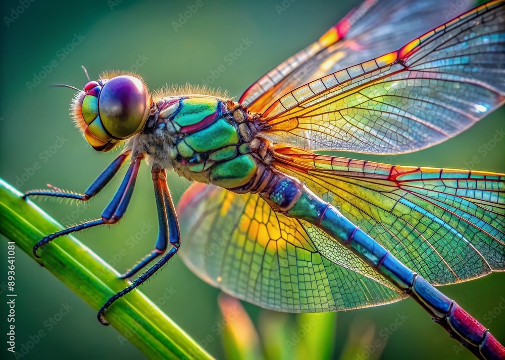 Vibrant iridescent wings and delicate body of a dragonfly showcasing intricate details and textures in a stunning close-up shot against a soft green background. Vibrant iridescent wings and delicate body of a dragonfly showcasing intricate details and textures in a stunning close-up shot against a soft green background.