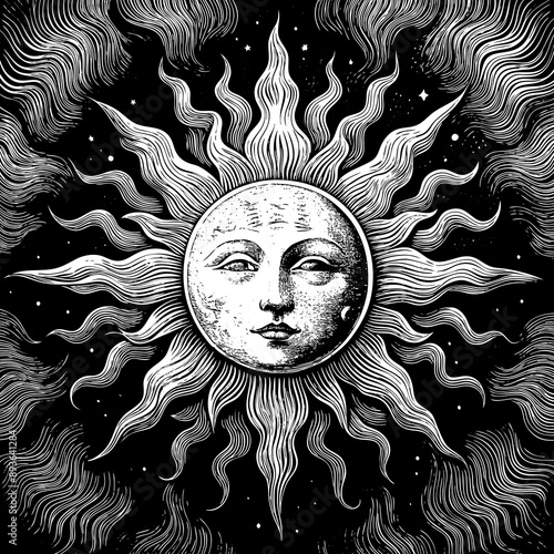 Engraving with sun and face in tarot card style