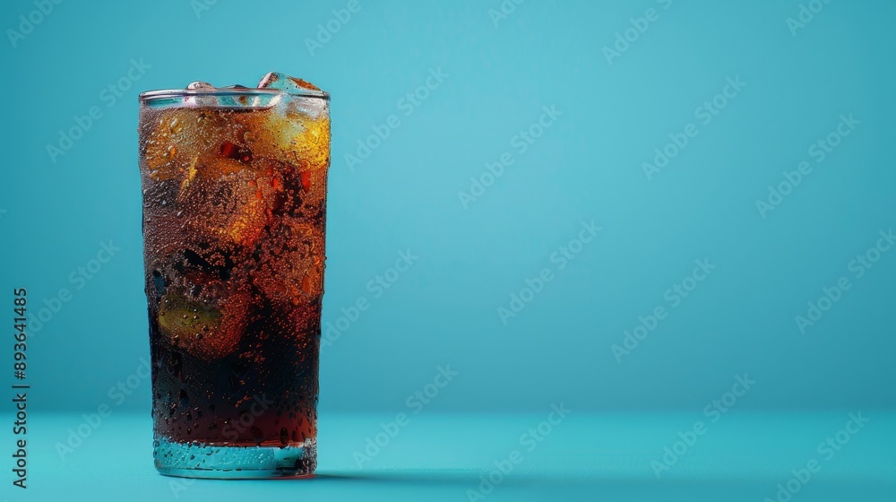 A glass of cola with ice cubes, condensation, and a teal backdrop A glass of cola with ice cubes, condensation, and a teal backdrop
