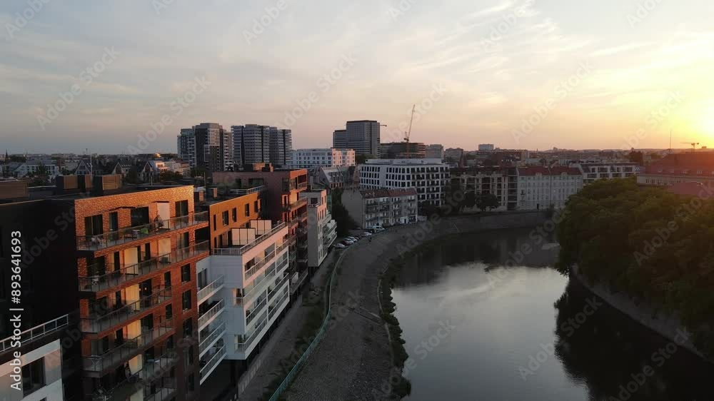 European beautiful city modern residential complex area of the city Flight over shooting from a drone Wroclaw Poland European beautiful city modern residential complex area of the city Flight over shooting from a drone Wroclaw Poland