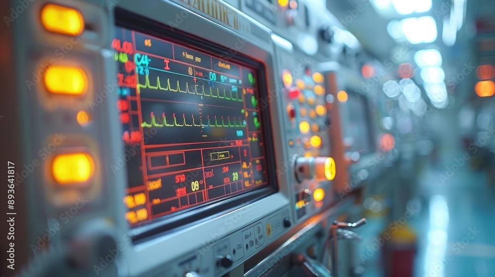 Naklejka premium Close-up of vital signs monitor in a modern hospital, displaying heart rate and medical data, with blurred background. Medical equipment in use.