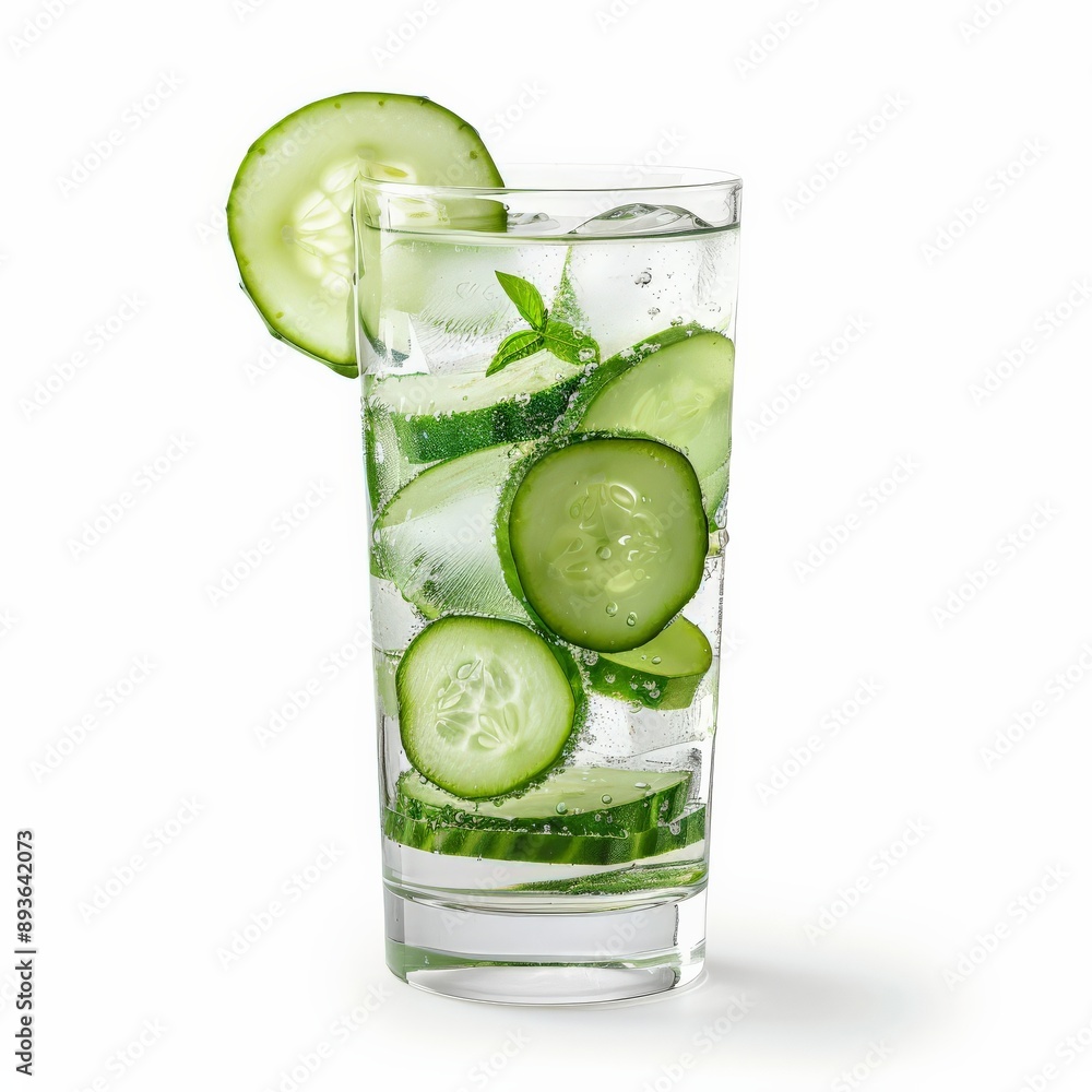 A tall glass of cucumber water with ice and fresh mint A tall glass of cucumber water with ice and fresh mint