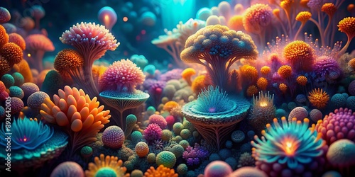 Vibrant, surreal bioluminescent texture features glowing, organic patterns evoking underwater corals or otherworldly flora, radiating soft, ethereal luminescence in stunning high-resolution detail.