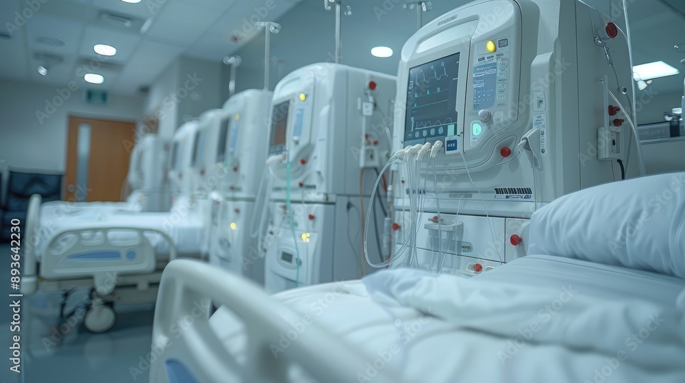 Empty hospital beds equipped with dialysis machines in a sterile medical setting, ready for patient care and treatment. Empty hospital beds equipped with dialysis machines in a sterile medical setting, ready for patient care and treatment.