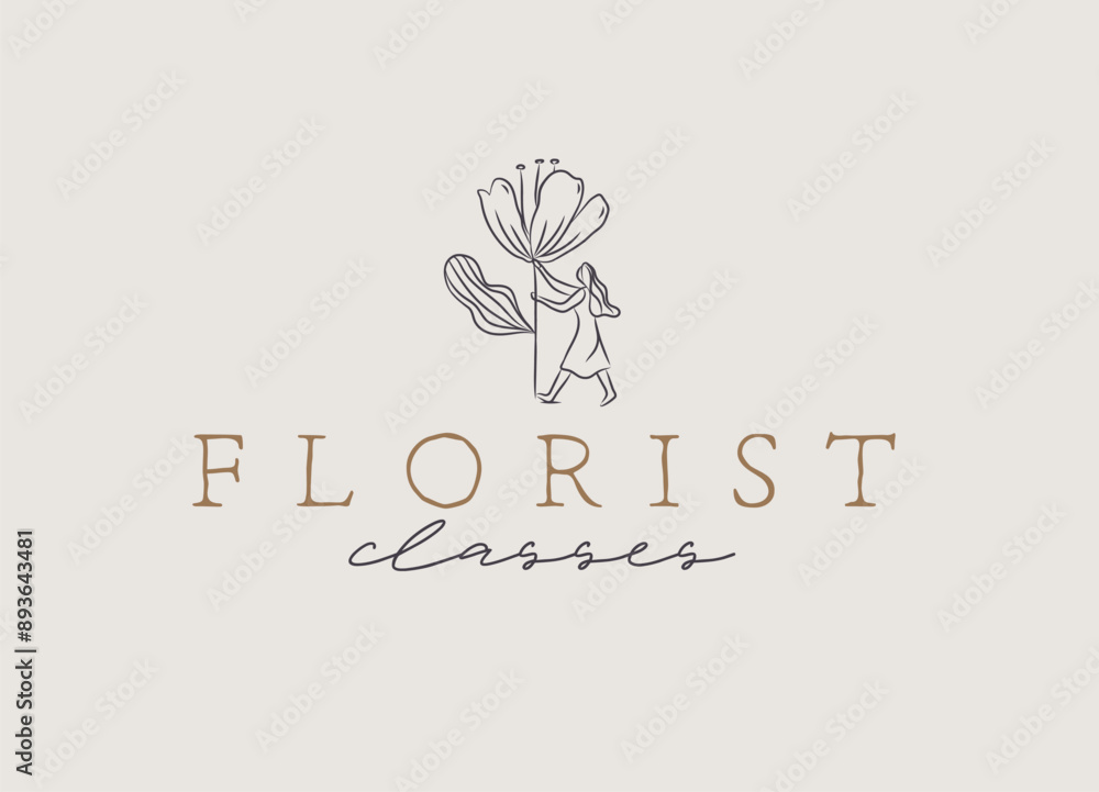 Girl with big flower lettering florist classes drawing on beige background