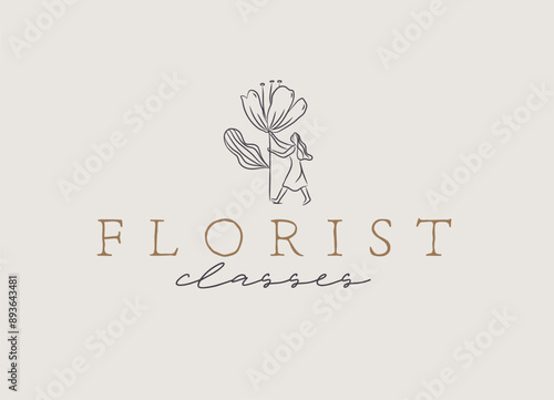 Obraz na płótnie Girl with big flower lettering florist classes drawing on beige background w salonie