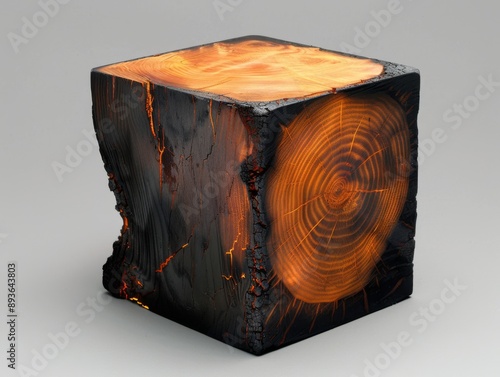 Burnt Wooden Cube with Visible Grain.