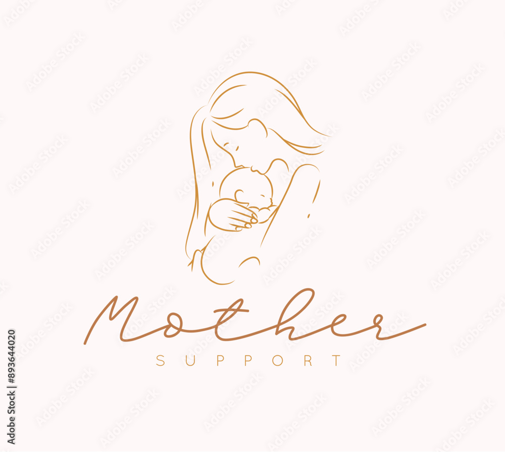 Woman holding her child label with lettering mother support drawing on beige background
