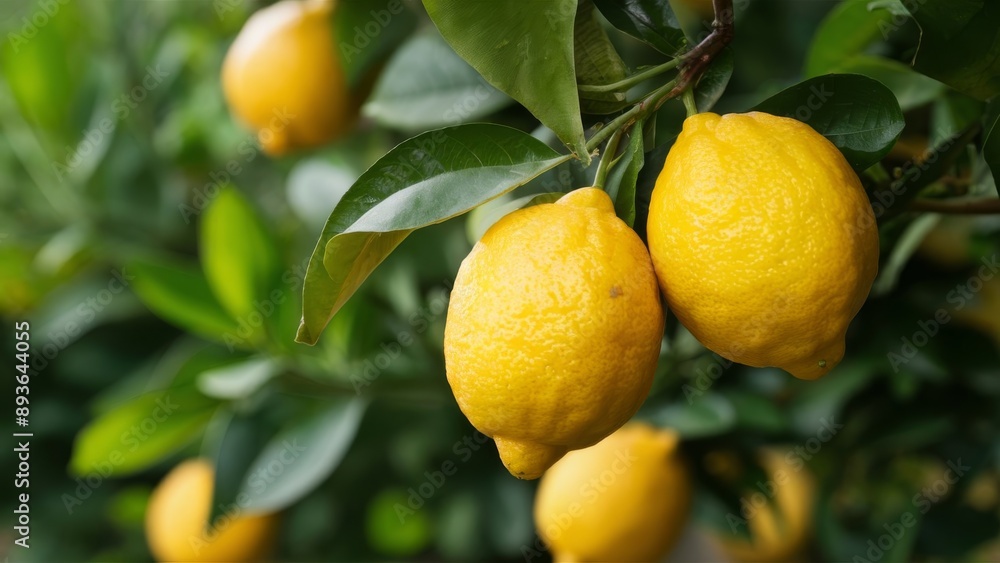 Ripe and juicy lemons on a lemon tree, ready for harvesting Ripe and juicy lemons on a lemon tree, ready for harvesting