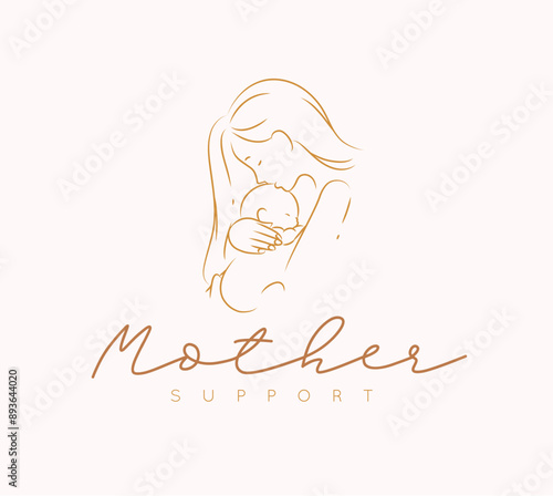 Obraz na płótnie Woman holding her child label with lettering mother support drawing on beige background w salonie