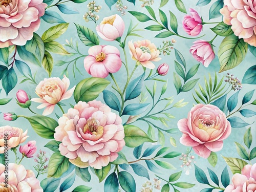 Soft pink blush flowers and lush green leaves scattered across a serene blue background, creating a whimsical watercolor floral pattern perfect for romantic designs.