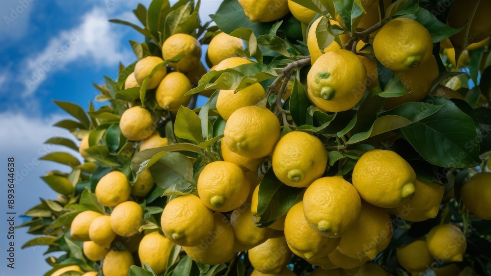 Ripe and juicy lemons on a lemon tree, ready for harvesting Ripe and juicy lemons on a lemon tree, ready for harvesting