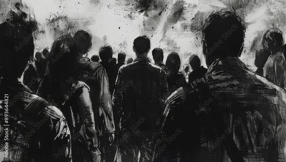 Fototapeta premium A black and white sketch of many people in the distance, on an isolated background, with hatching shading style, a pencil drawing, dark and gritty, with an inkblot effect, a back view Generative AI