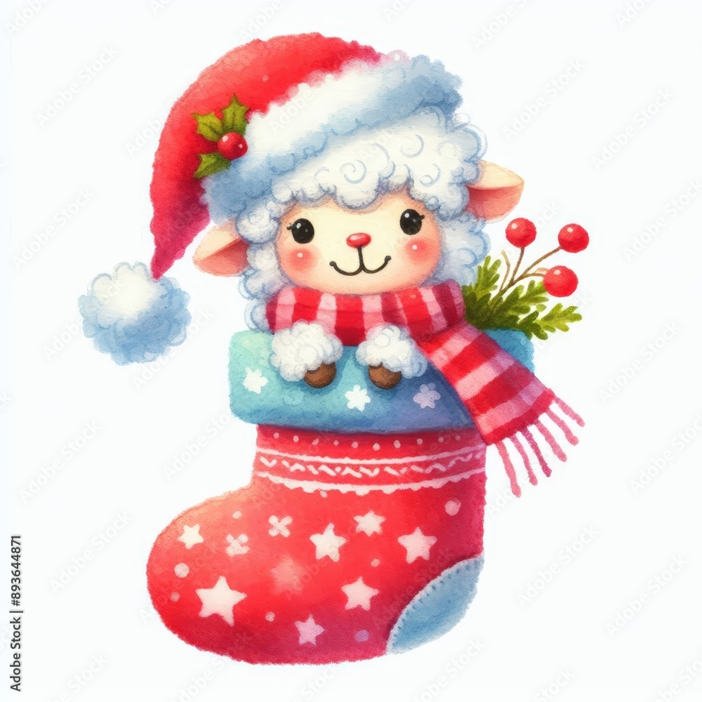 Cute cartoon sheep wearing a Santa hat and scarf inside a red stocking with stars. Cute cartoon sheep wearing a Santa hat and scarf inside a red stocking with stars.
