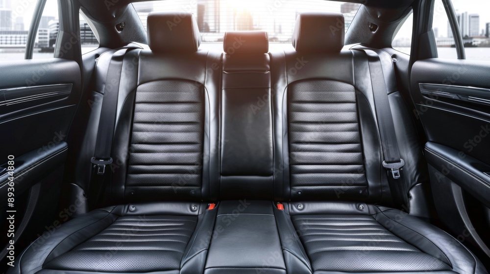 Obraz premium Black rear leather seats of a modern business class car. Luxury car interior