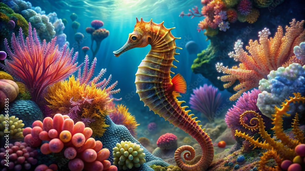 Detailed image of a seahorse amidst vibrant coral reefs in a tranquil deep-sea environment Detailed image of a seahorse amidst vibrant coral reefs in a tranquil deep-sea environment