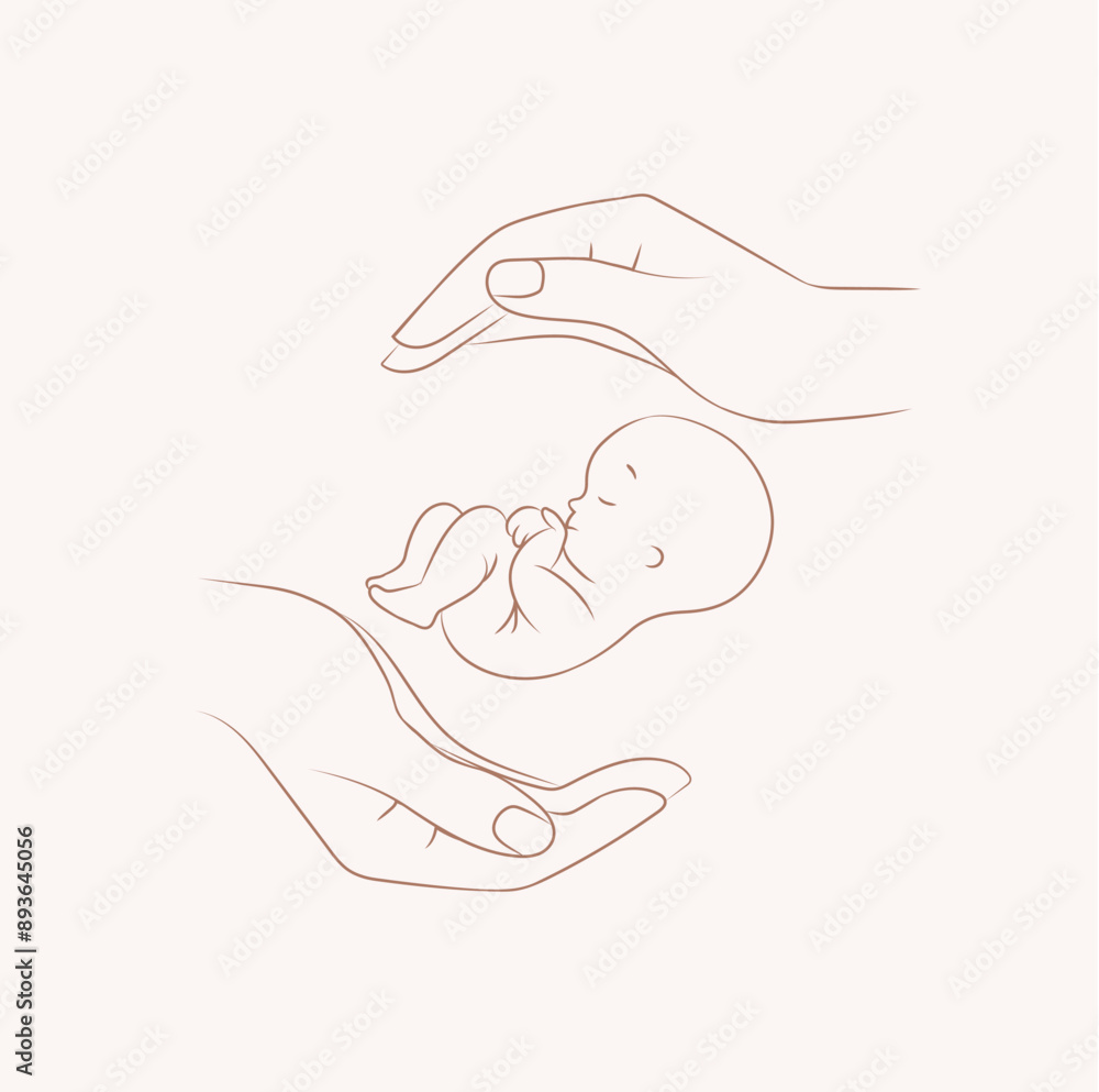 Hands holding newborn child label drawing on beige background