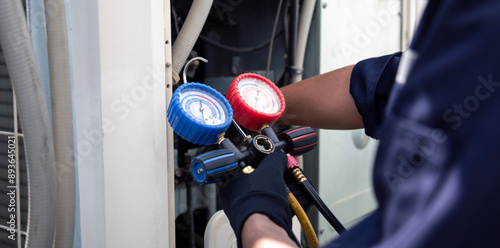 Fotografía Air conditioning, HVAC service technician using gauges to check refrigerant and add refrigerant,Air Conditioning Repair, repairman on the floor fixing air conditioning system