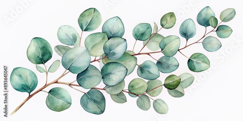 Delicate watercolor illustration of a lush eucalyptus branch with silver dollar leaves and stems isolated on a crisp white background, perfect for floral designs.