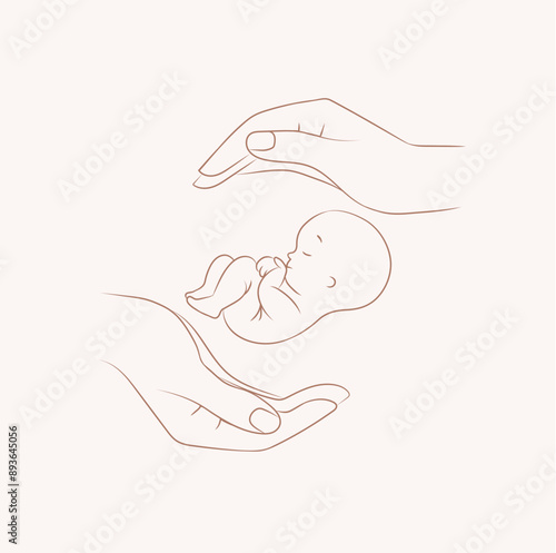 Obraz na płótnie Hands holding newborn child label drawing on beige background w salonie
