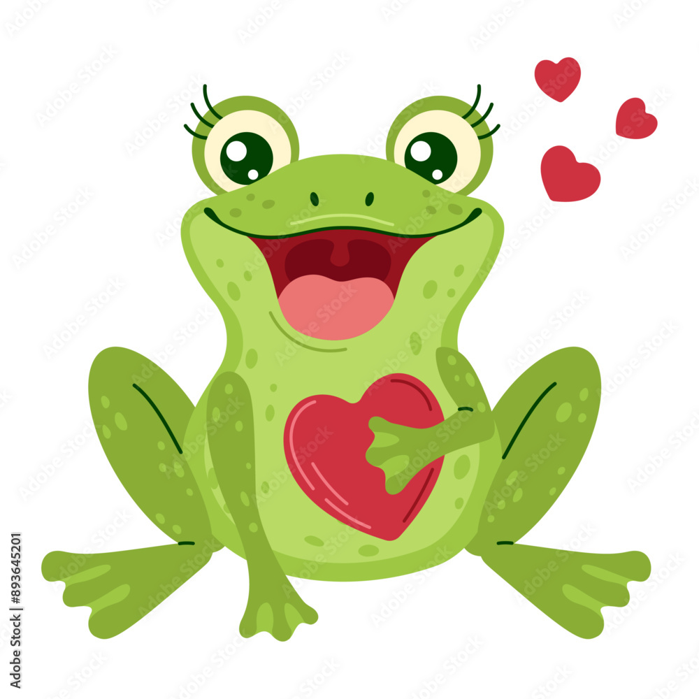 An adorable green frog holds Red heart in its paws and small red hearts around it. Hand drawn trendy flat style isolated on a white background. Love and affection concept vector illustration An adorable green frog holds Red heart in its paws and small red hearts around it. Hand drawn trendy flat style isolated on a white background. Love and affection concept vector illustration