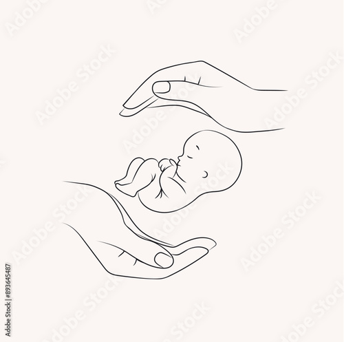 Obraz na płótnie Hands holding newborn child label drawing on light background w salonie